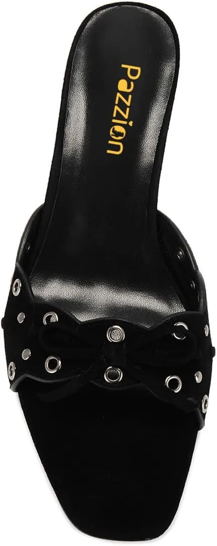 Pazzion Women Cute Kitten Heel Open Square Toe Mules Bows Low Heel Slip On Slides Sandals Daily Walking Dressy Shoes Size 4-16 US