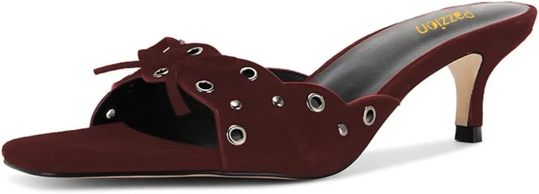 Pazzion Women Cute Kitten Heel Open Square Toe Mules Bows Low Heel Slip On Slides Sandals Daily Walking Dressy Shoes Size 4-16 US
