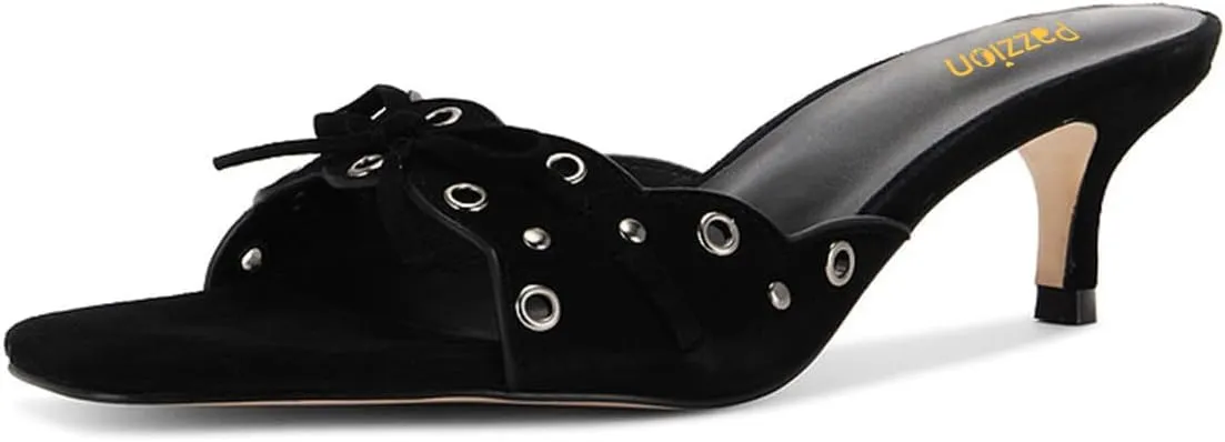 Pazzion Women Cute Kitten Heel Open Square Toe Mules Bows Low Heel Slip On Slides Sandals Daily Walking Dressy Shoes Size 4-16 US