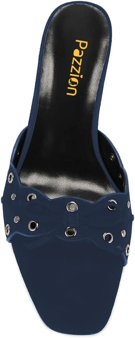Pazzion Women Cute Kitten Heel Open Square Toe Mules Bows Low Heel Slip On Slides Sandals Daily Walking Dressy Shoes Size 4-16 US