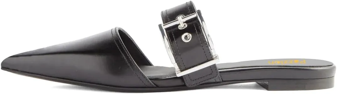 Pazzion Women Trendy Pointed Closed Toe Flats Mules with Adjustable Strap Buckles Slip On Backless Slides Slippers Comfy Leisure Dress Shoes Size 4-16 US