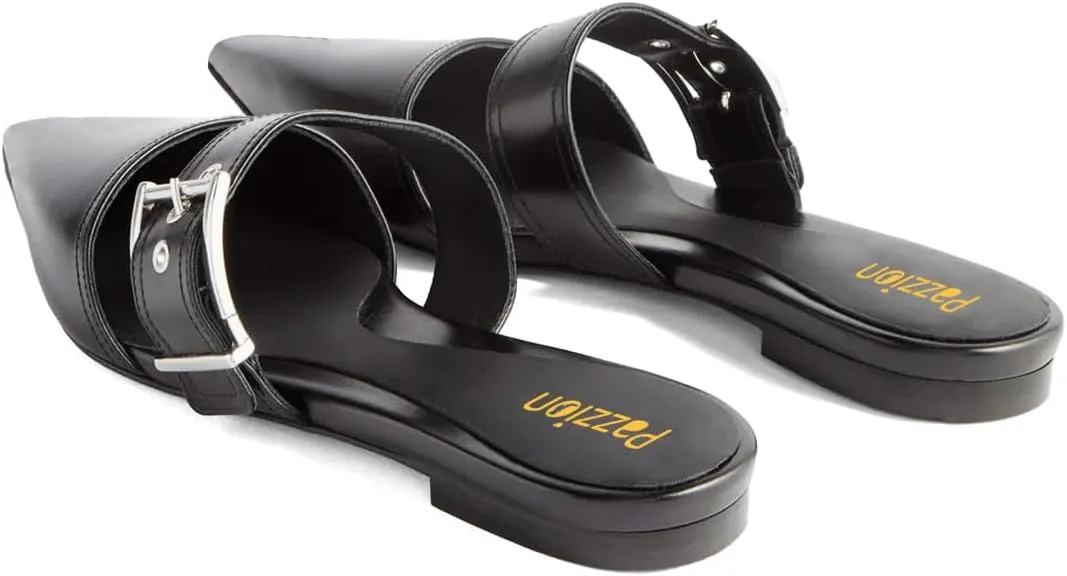 Pazzion Women Trendy Pointed Closed Toe Flats Mules with Adjustable Strap Buckles Slip On Backless Slides Slippers Comfy Leisure Dress Shoes Size 4-16 US