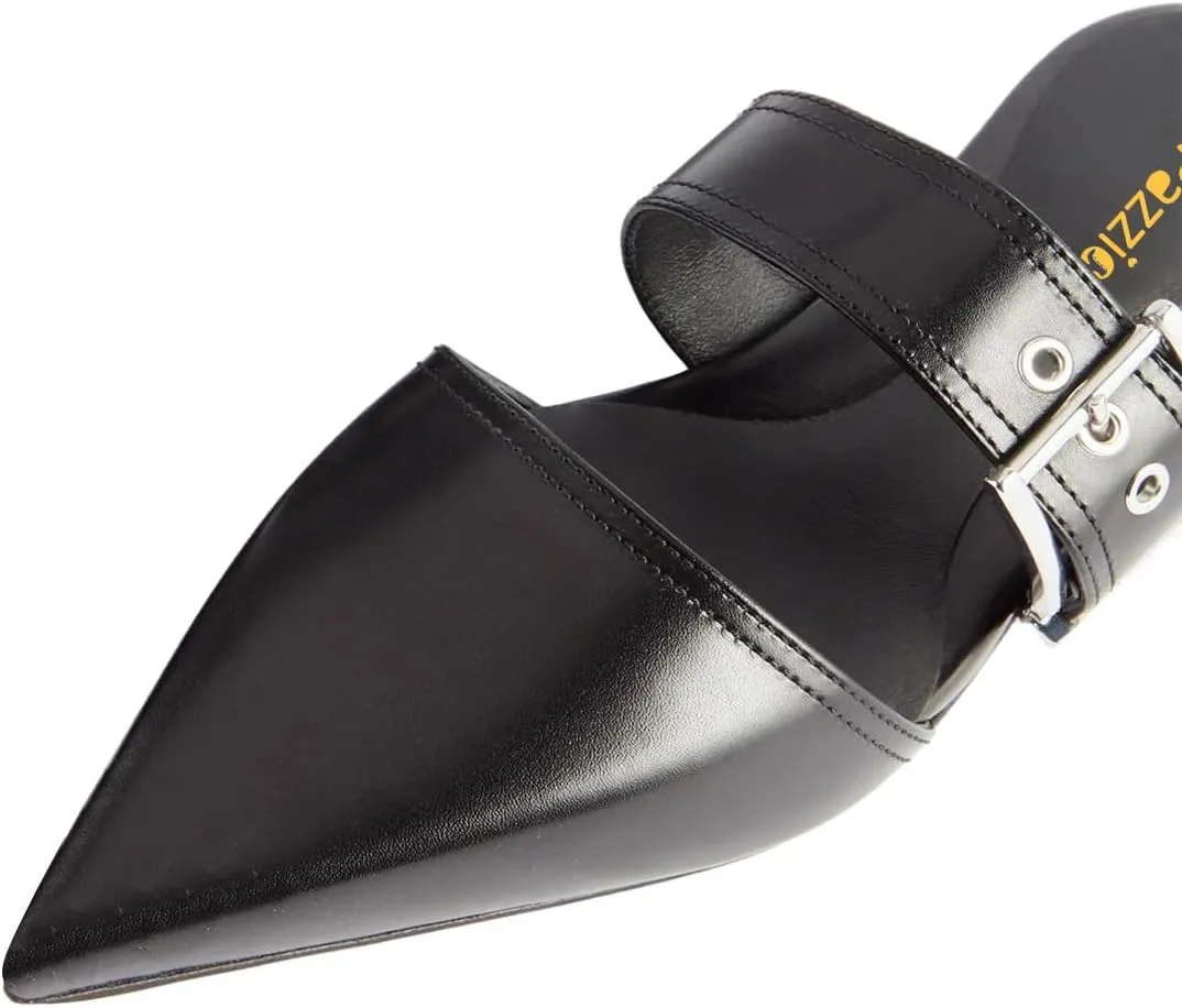 Pazzion Women Trendy Pointed Closed Toe Flats Mules with Adjustable Strap Buckles Slip On Backless Slides Slippers Comfy Leisure Dress Shoes Size 4-16 US