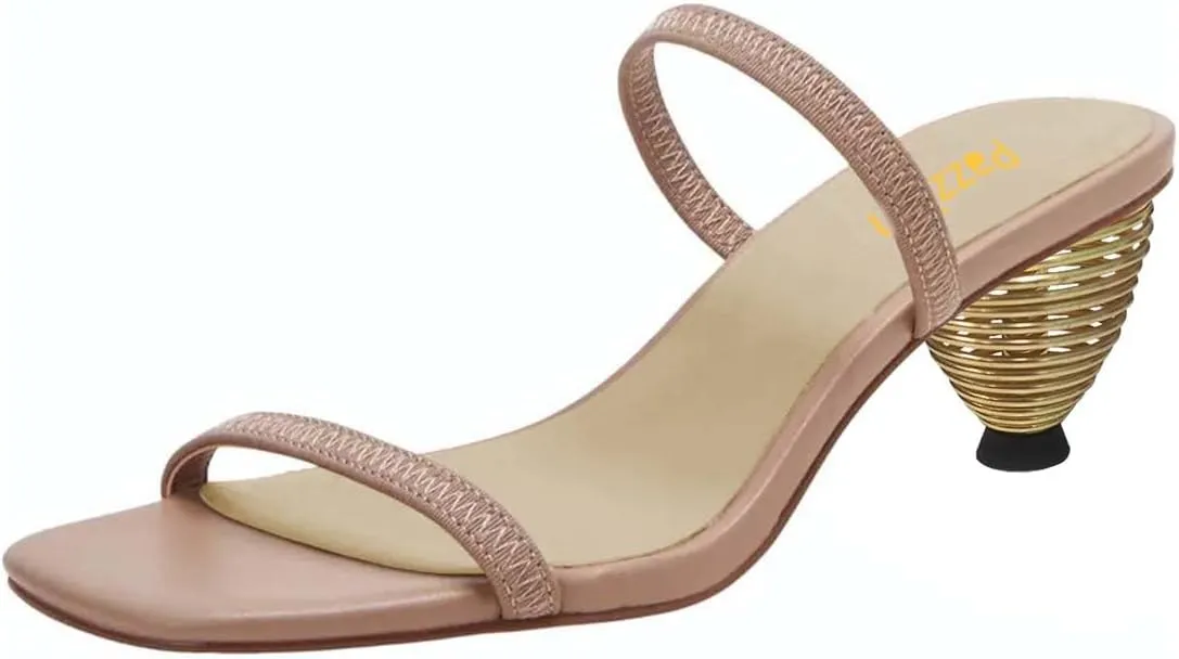 Pazzion Women's Open Toe Metallic Heeled Slides Sandals Two Straps Low Cone Heel Slip On Mules Slippers Basic Indoor Daily Shoes Size 4-16 US