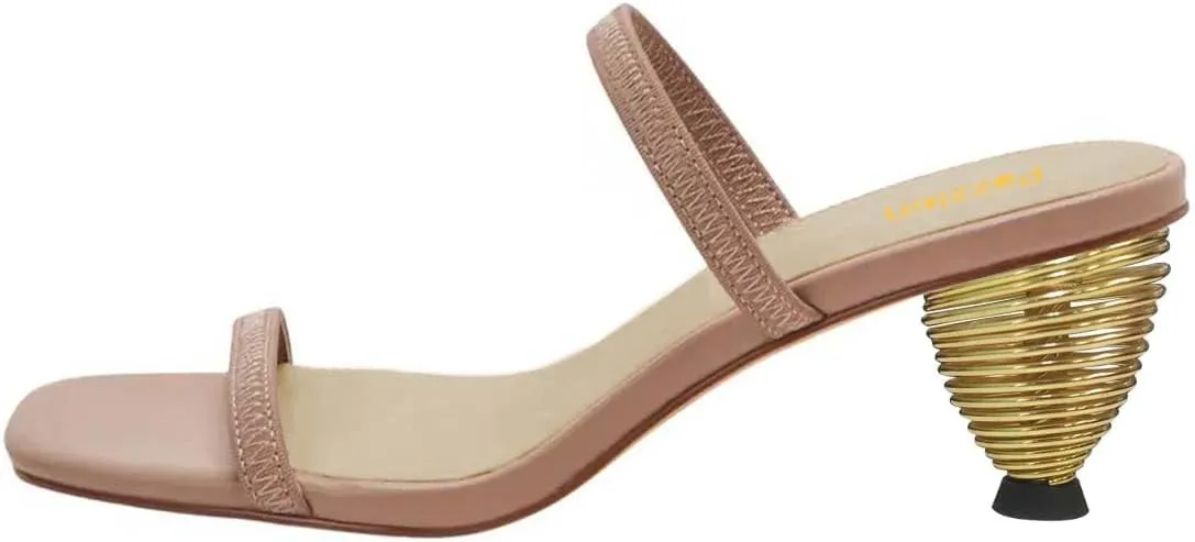 Pazzion Women's Open Toe Metallic Heeled Slides Sandals Two Straps Low Cone Heel Slip On Mules Slippers Basic Indoor Daily Shoes Size 4-16 US