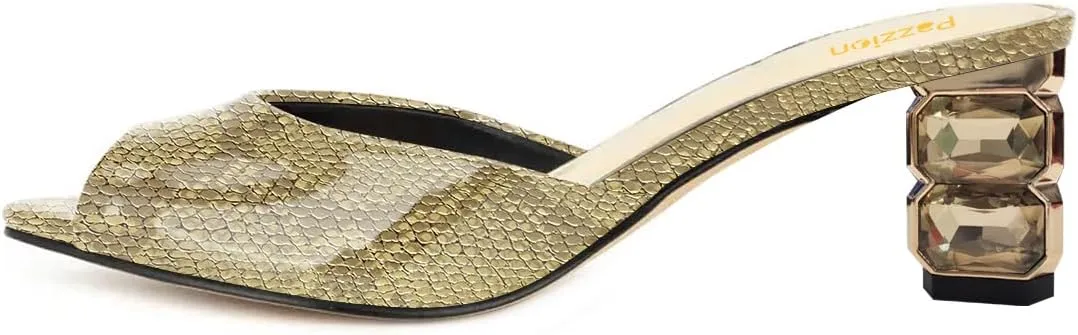 Pazzion Women's Slip On Backless Open Peep Toe Mules Slippers Crystals Mid Heels Sandals Comfy Casual Dating Shoes Size 4-16 US