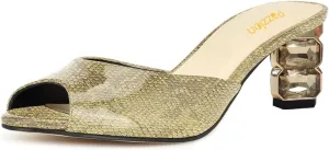 Pazzion Women's Slip On Backless Open Peep Toe Mules Slippers Crystals Mid Heels Sandals Comfy Casual Dating Shoes Size 4-16 US