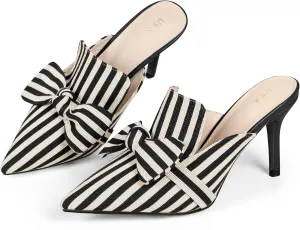 Perphy Bow Stripe Pointed Toe Slip on Heel Pumps Slides Mules for Women