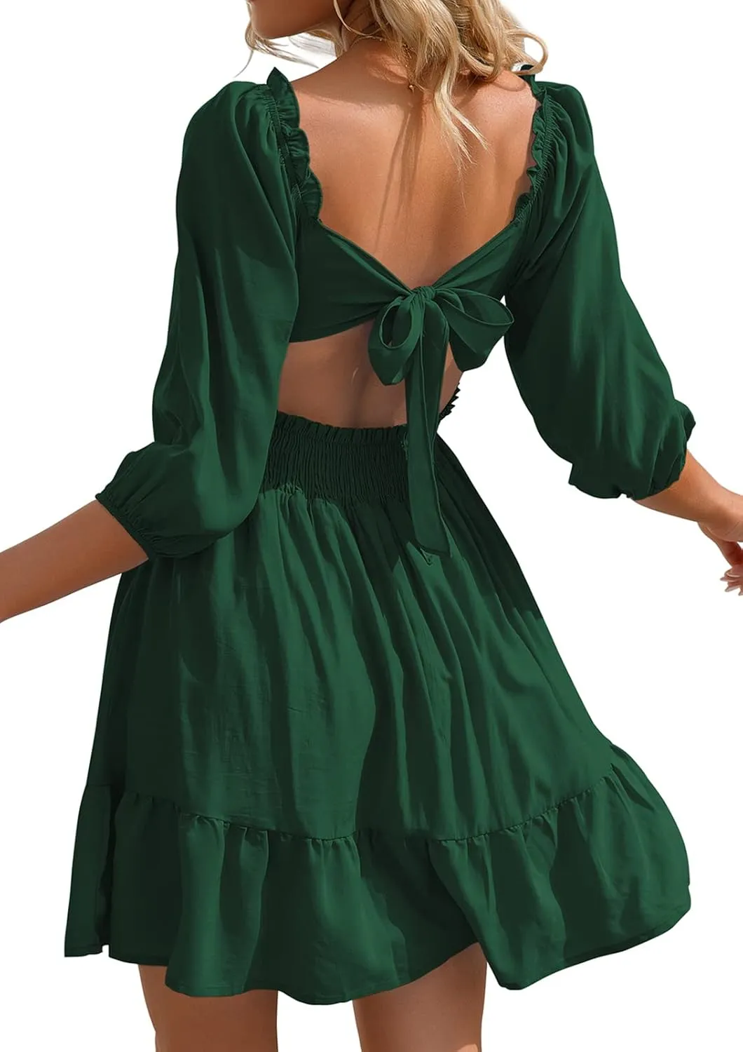 Phortric Womens Summer Tie Back Dress Square Neck Lantern Sleeve Off Shoulder A-Line Casual Mini Dresses