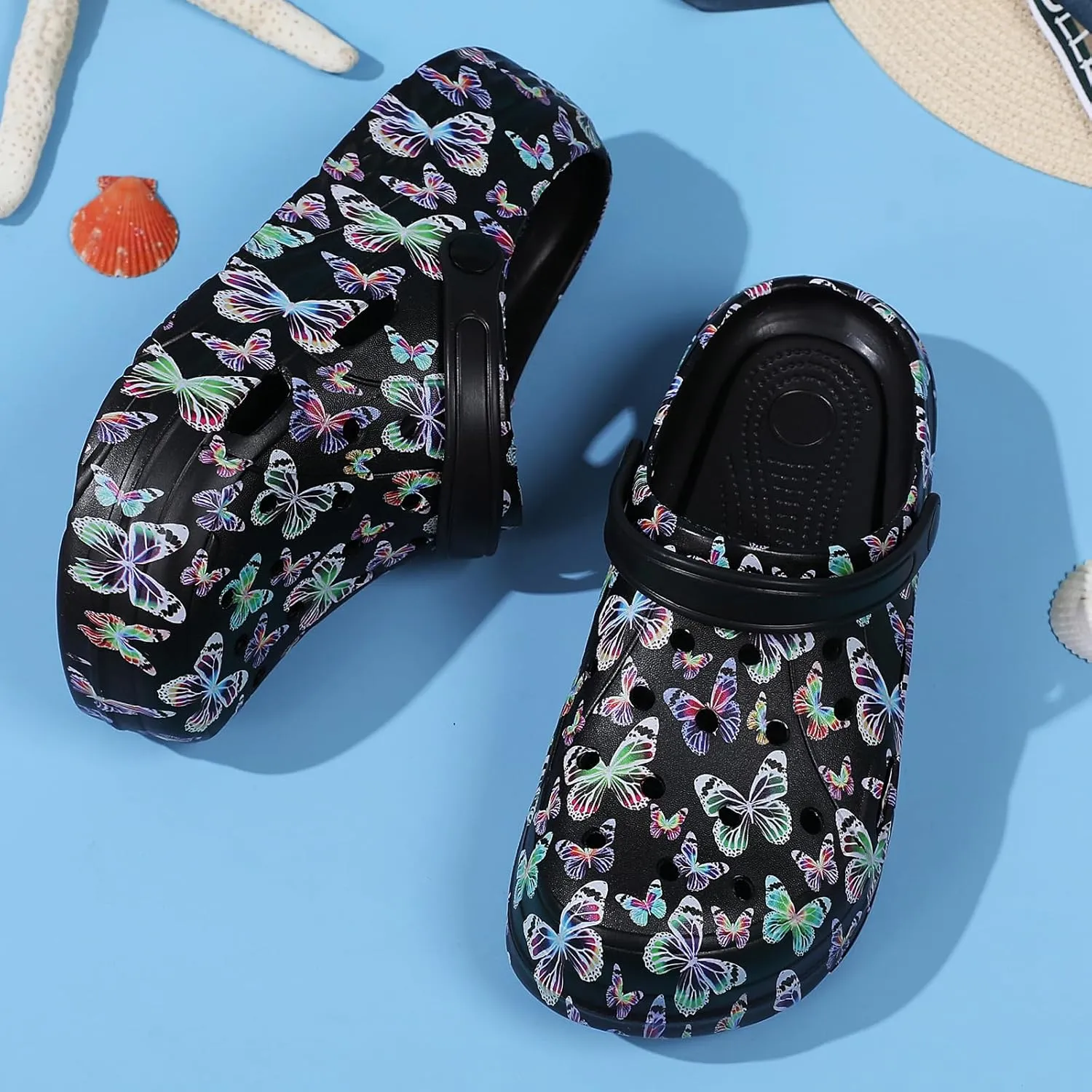Platform Graphic Clogs for Women: Summer Garden Shoes - Slip On Beach Sandals - Outdoor Water Slippers with Removable Insole