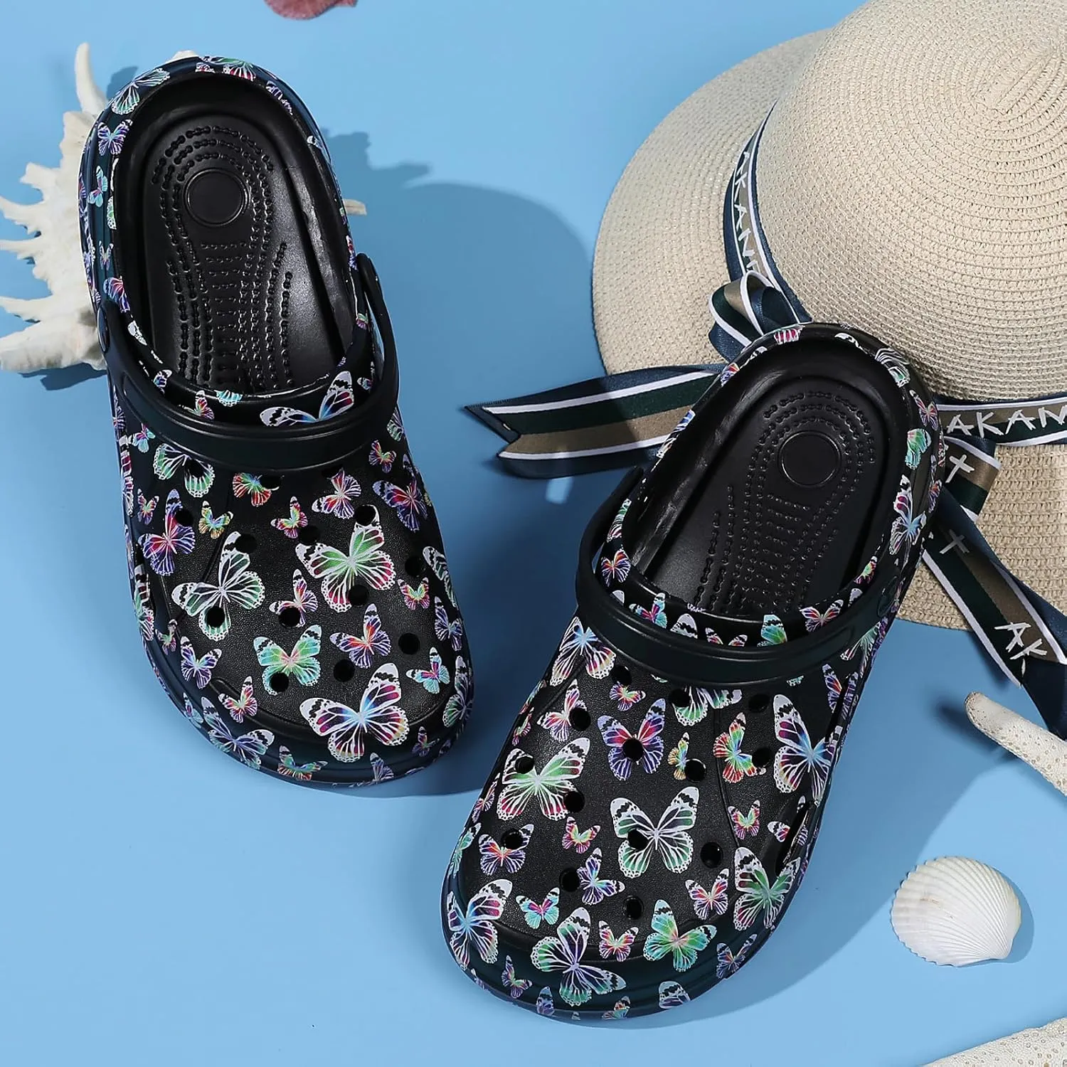 Platform Graphic Clogs for Women: Summer Garden Shoes - Slip On Beach Sandals - Outdoor Water Slippers with Removable Insole