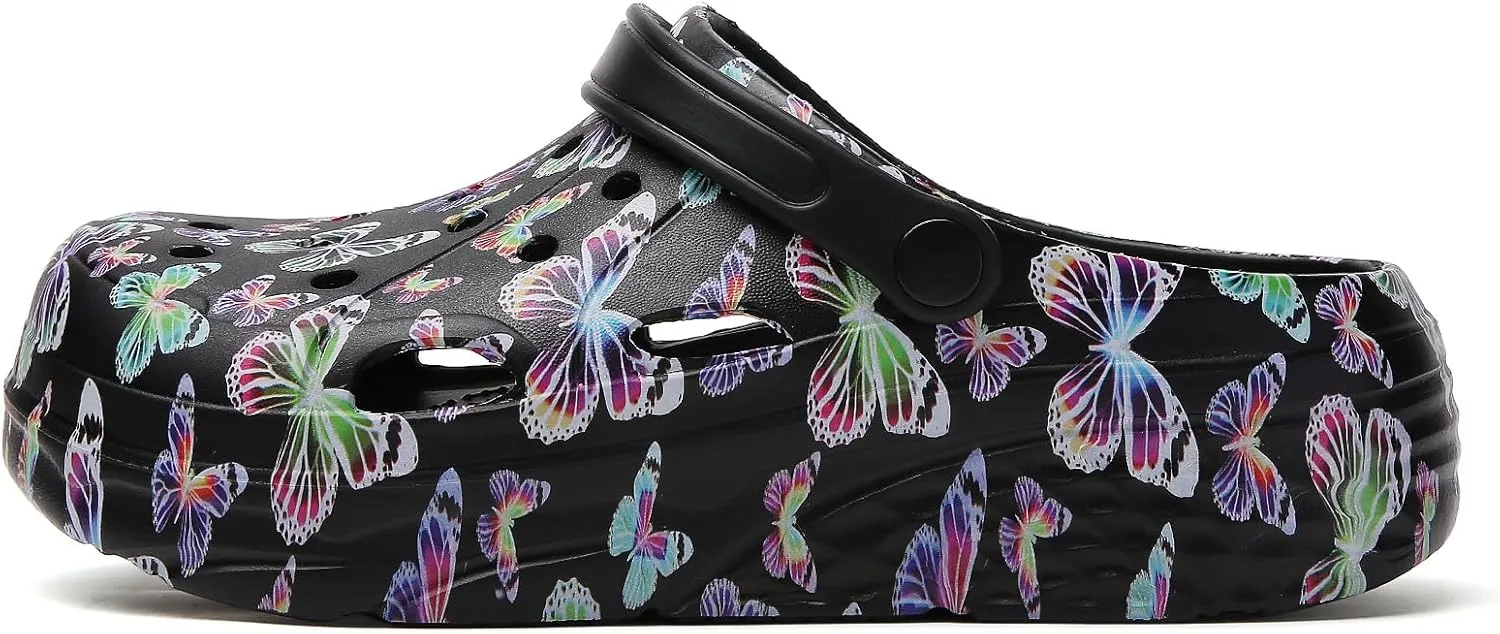 Platform Graphic Clogs for Women: Summer Garden Shoes - Slip On Beach Sandals - Outdoor Water Slippers with Removable Insole