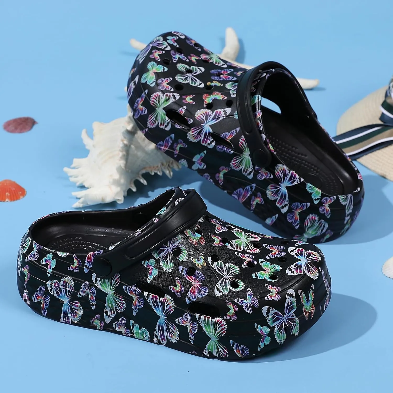 Platform Graphic Clogs for Women: Summer Garden Shoes - Slip On Beach Sandals - Outdoor Water Slippers with Removable Insole