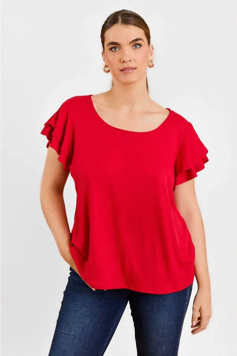 Plus Size Short Fluttery Sleeves Round Neck Ribbed Top