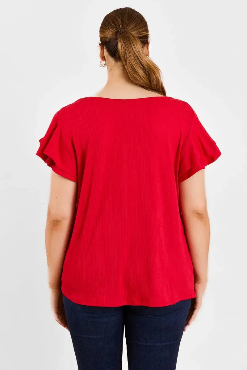 Plus Size Short Fluttery Sleeves Round Neck Ribbed Top