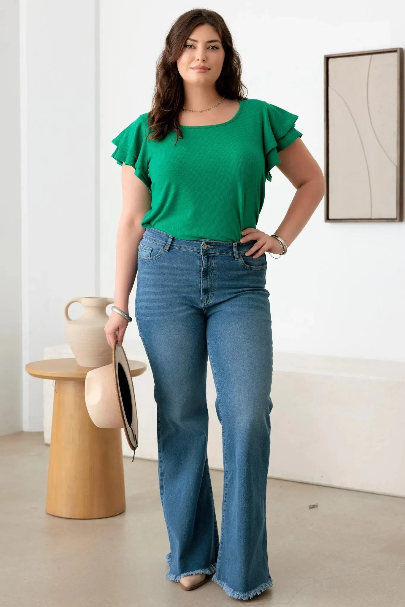 Plus Size Short Fluttery Sleeves Round Neck Ribbed Top