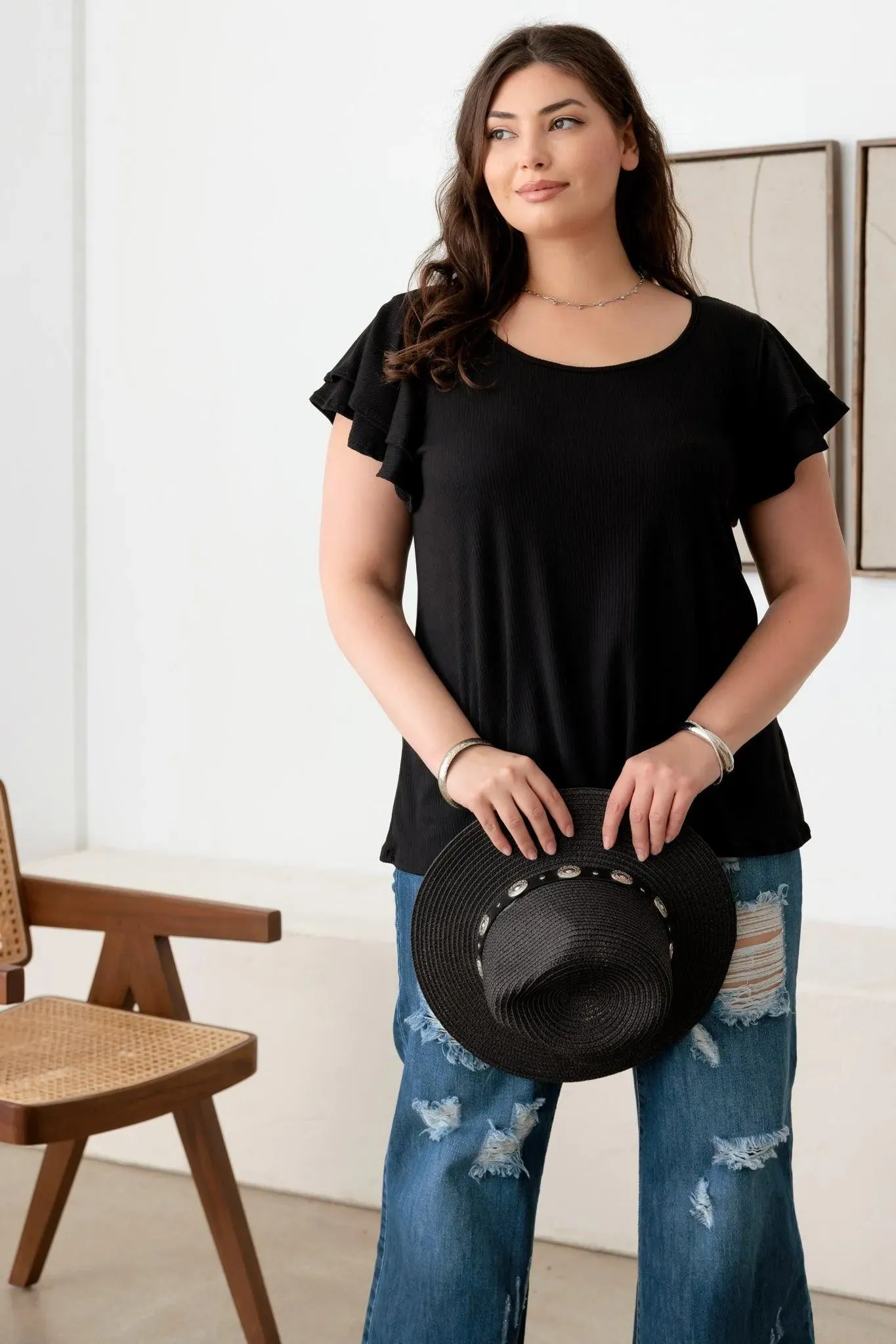 Plus Size Short Fluttery Sleeves Round Neck Ribbed Top