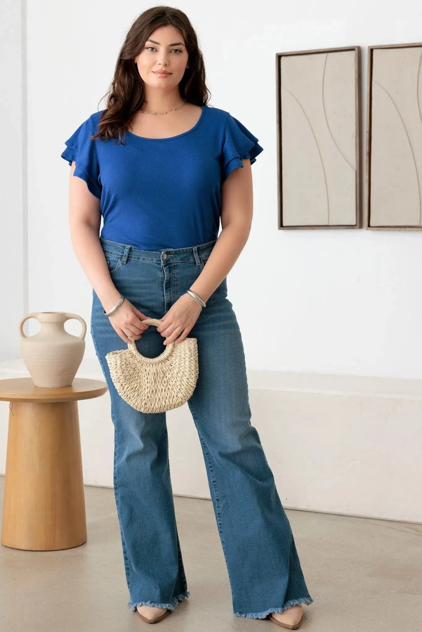 Plus Size Short Fluttery Sleeves Round Neck Ribbed Top