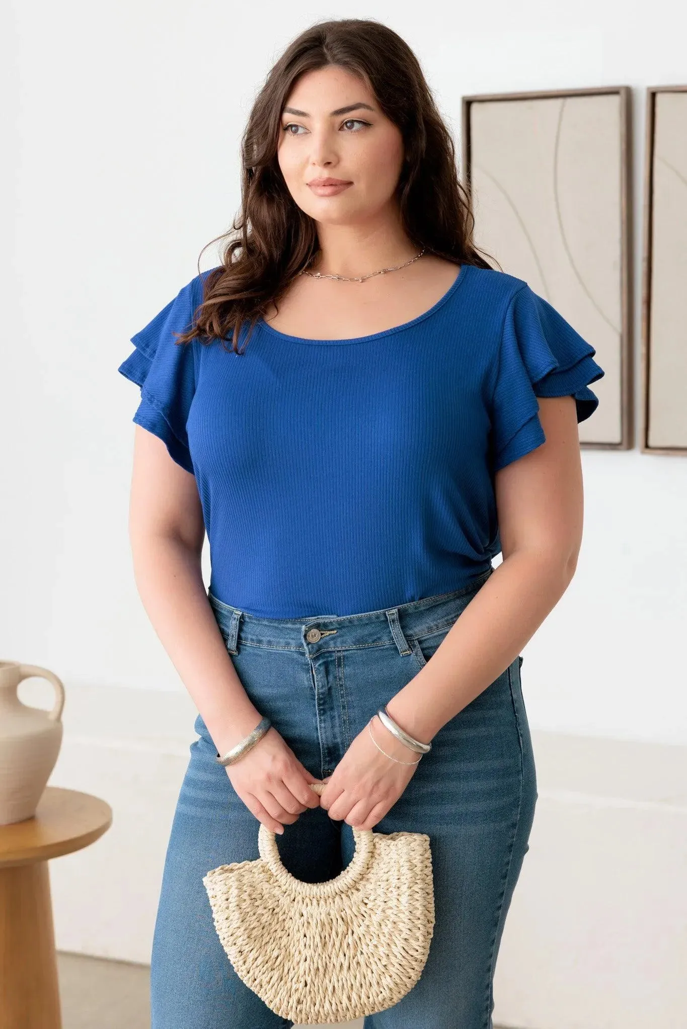 Plus Size Short Fluttery Sleeves Round Neck Ribbed Top