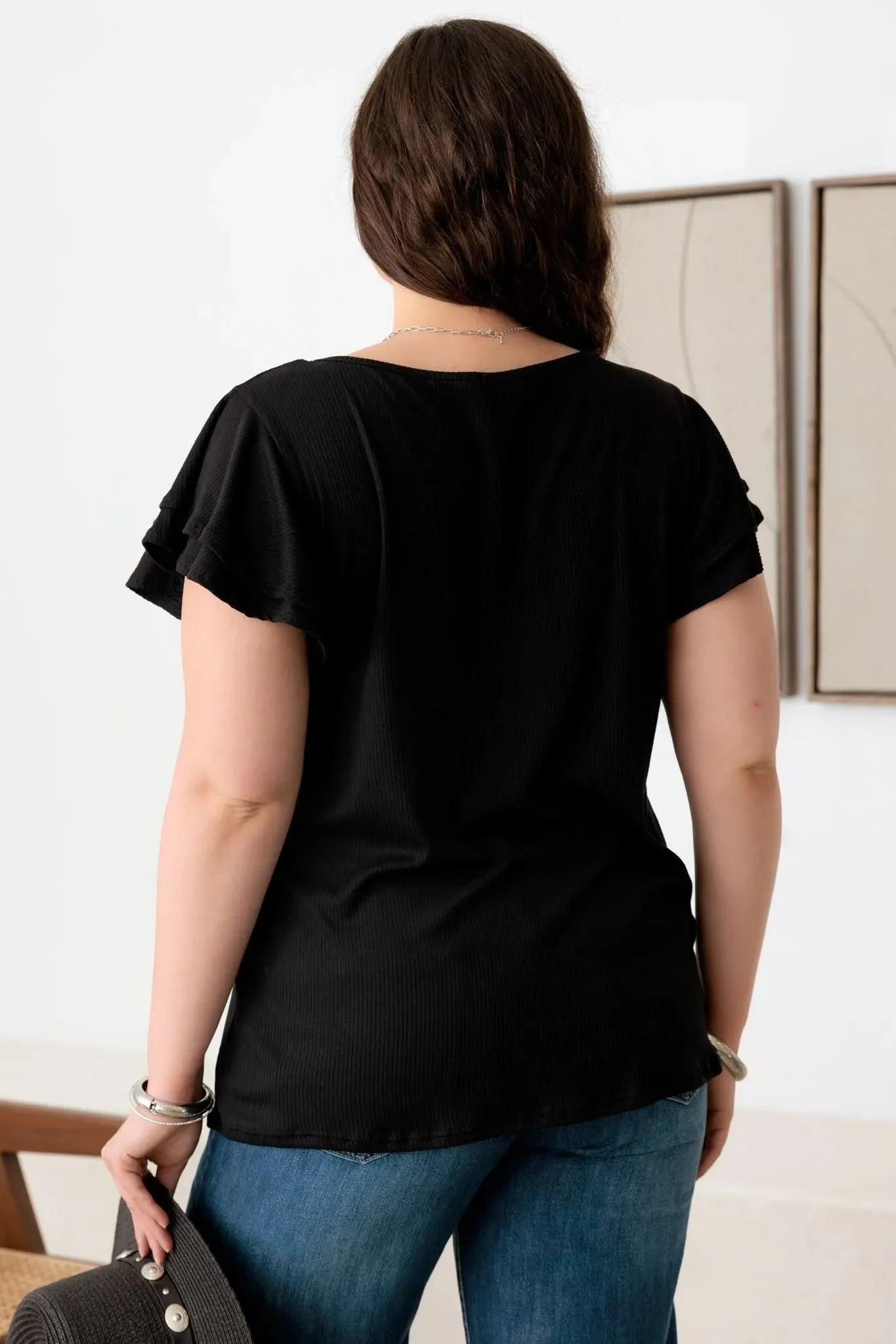 Plus Size Short Fluttery Sleeves Round Neck Ribbed Top