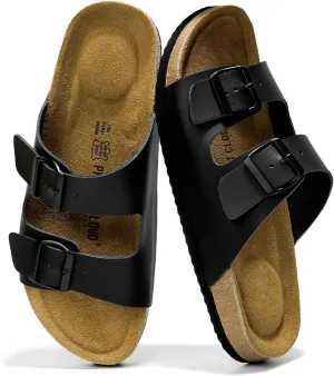 Project Cloud Genuine Leather Mens Sandals with Memory Foam Natural Cork Footbed Slides for Men Footwear - Non-Slip Double-Strap Buckle Summer Sandals (Arizona)