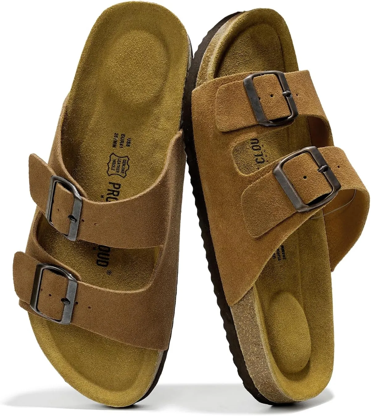 Project Cloud Genuine Leather Mens Sandals with Memory Foam Natural Cork Footbed Slides for Men Footwear - Non-Slip Double-Strap Buckle Summer Sandals (Arizona)