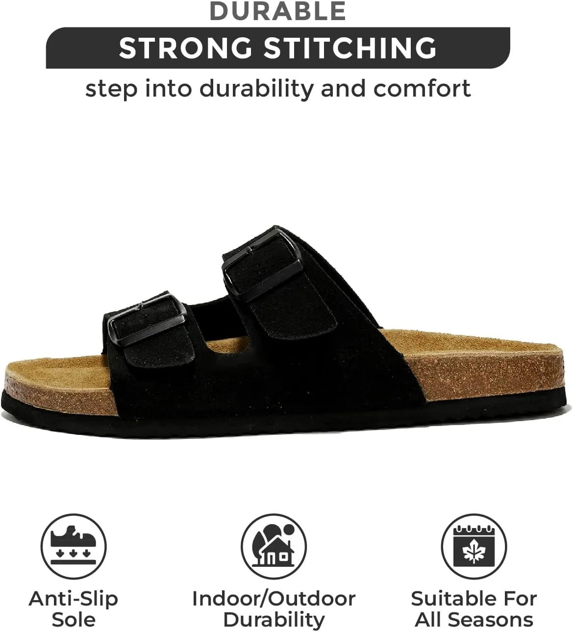 Project Cloud Genuine Leather Mens Sandals with Memory Foam Natural Cork Footbed Slides for Men Footwear - Non-Slip Double-Strap Buckle Summer Sandals (Arizona)