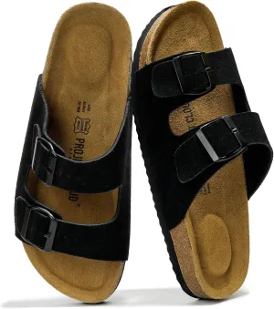 Project Cloud Genuine Leather Mens Sandals with Memory Foam Natural Cork Footbed Slides for Men Footwear - Non-Slip Double-Strap Buckle Summer Sandals (Arizona)
