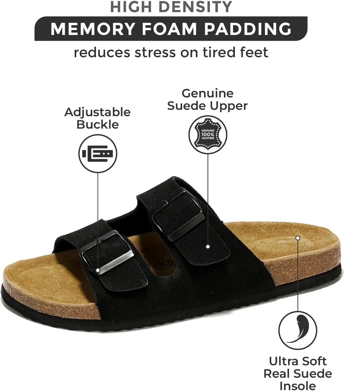 Project Cloud Genuine Leather Mens Sandals with Memory Foam Natural Cork Footbed Slides for Men Footwear - Non-Slip Double-Strap Buckle Summer Sandals (Arizona)