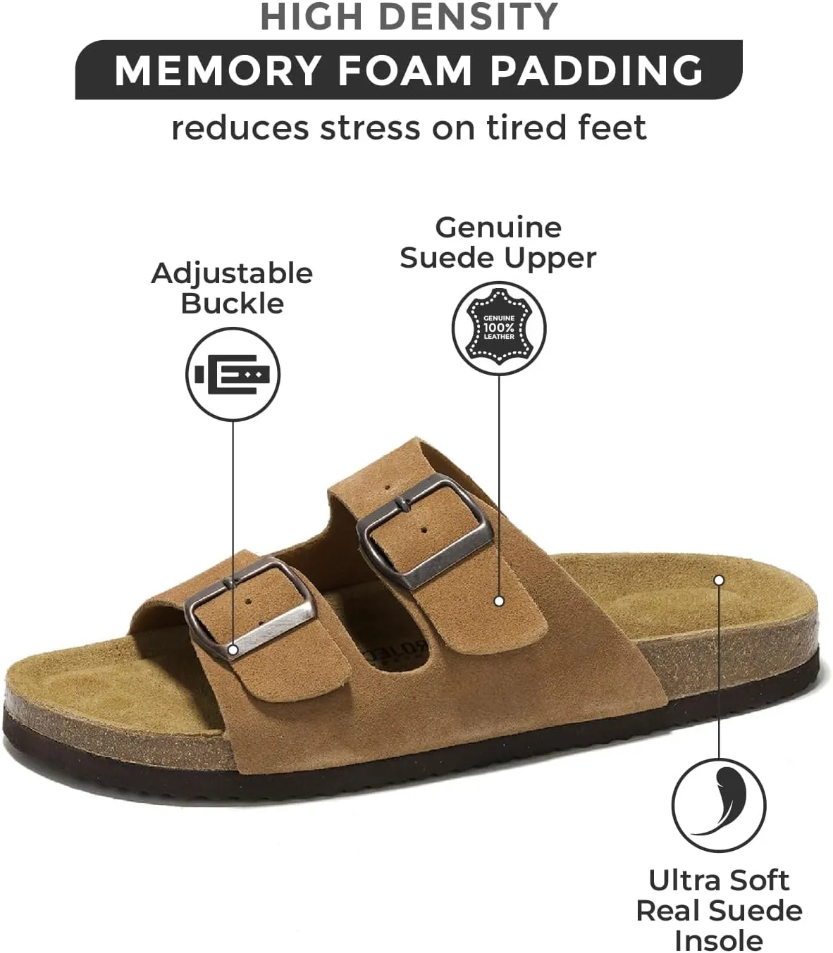 Project Cloud Genuine Leather Mens Sandals with Memory Foam Natural Cork Footbed Slides for Men Footwear - Non-Slip Double-Strap Buckle Summer Sandals (Arizona)