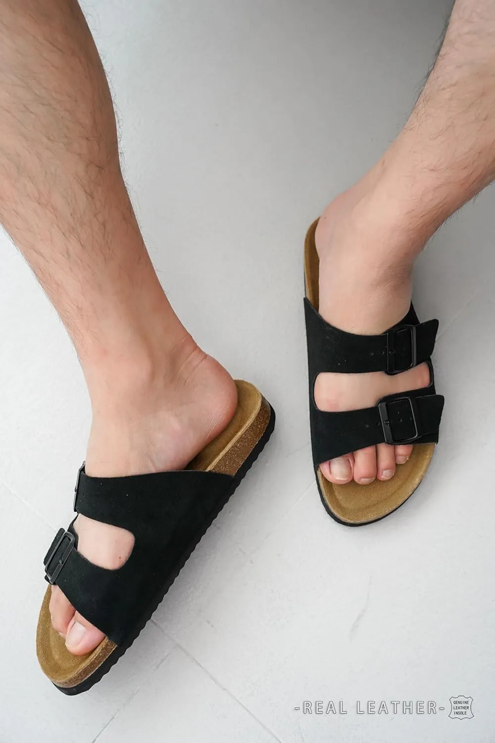 Project Cloud Genuine Leather Mens Sandals with Memory Foam Natural Cork Footbed Slides for Men Footwear - Non-Slip Double-Strap Buckle Summer Sandals (Arizona)