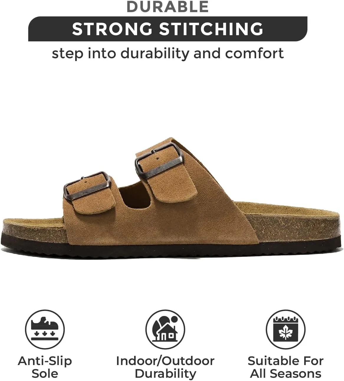 Project Cloud Genuine Leather Mens Sandals with Memory Foam Natural Cork Footbed Slides for Men Footwear - Non-Slip Double-Strap Buckle Summer Sandals (Arizona)