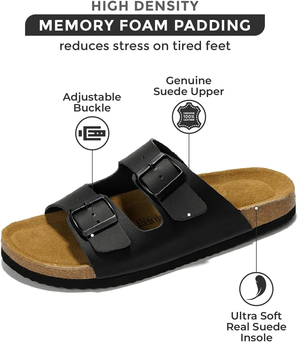 Project Cloud Genuine Leather Mens Sandals with Memory Foam Natural Cork Footbed Slides for Men Footwear - Non-Slip Double-Strap Buckle Summer Sandals (Arizona)