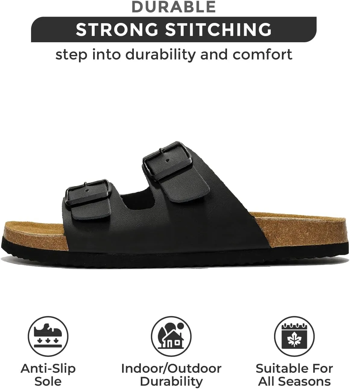 Project Cloud Genuine Leather Mens Sandals with Memory Foam Natural Cork Footbed Slides for Men Footwear - Non-Slip Double-Strap Buckle Summer Sandals (Arizona)
