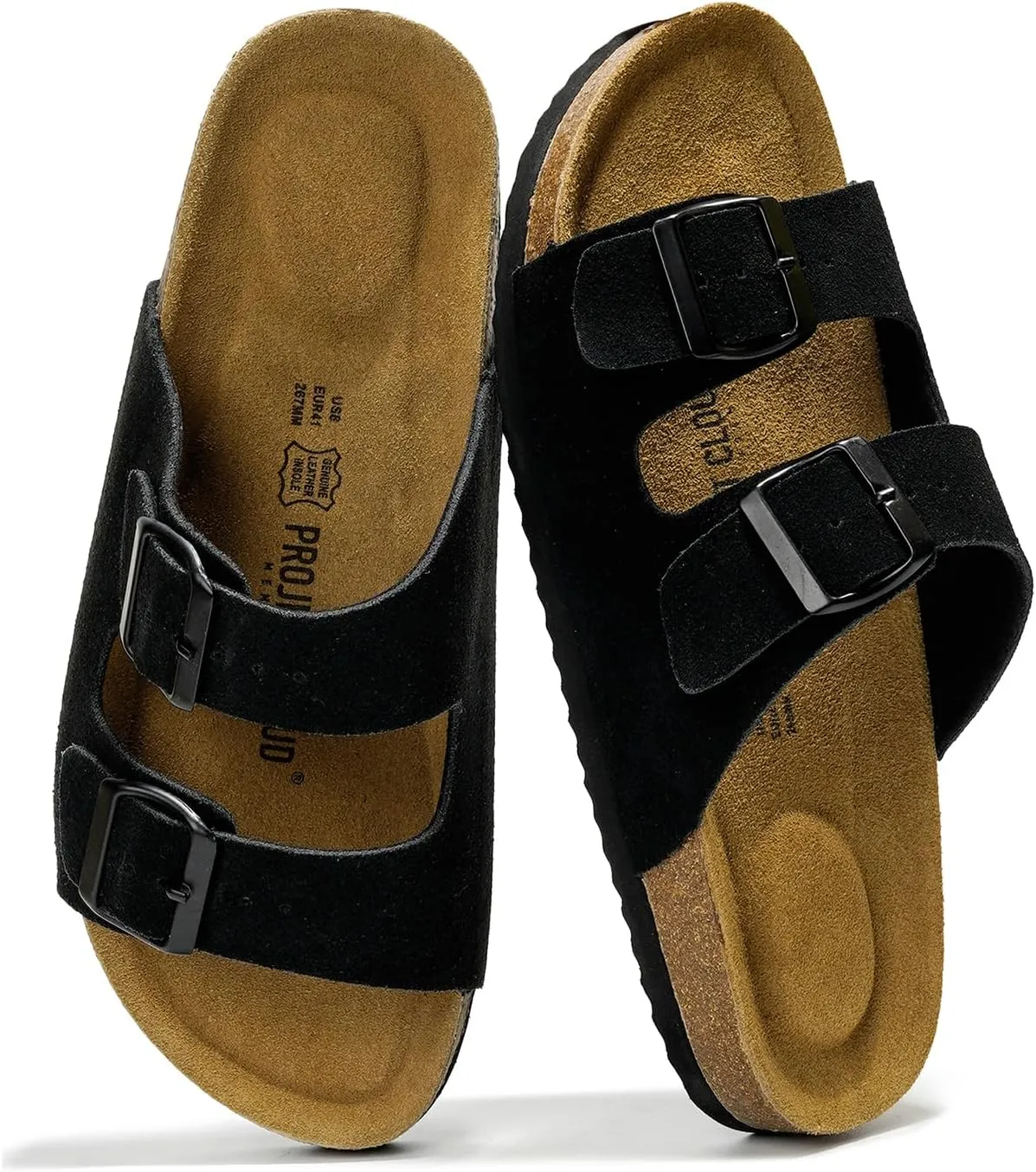 Project Cloud Genuine Leather Mens Sandals with Memory Foam Natural Cork Footbed Slides for Men Footwear - Non-Slip Double-Strap Buckle Summer Sandals (Arizona)