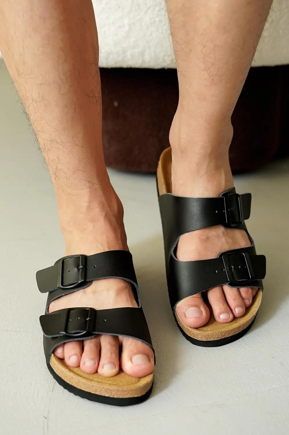 Project Cloud Genuine Leather Mens Sandals with Memory Foam Natural Cork Footbed Slides for Men Footwear - Non-Slip Double-Strap Buckle Summer Sandals (Arizona)