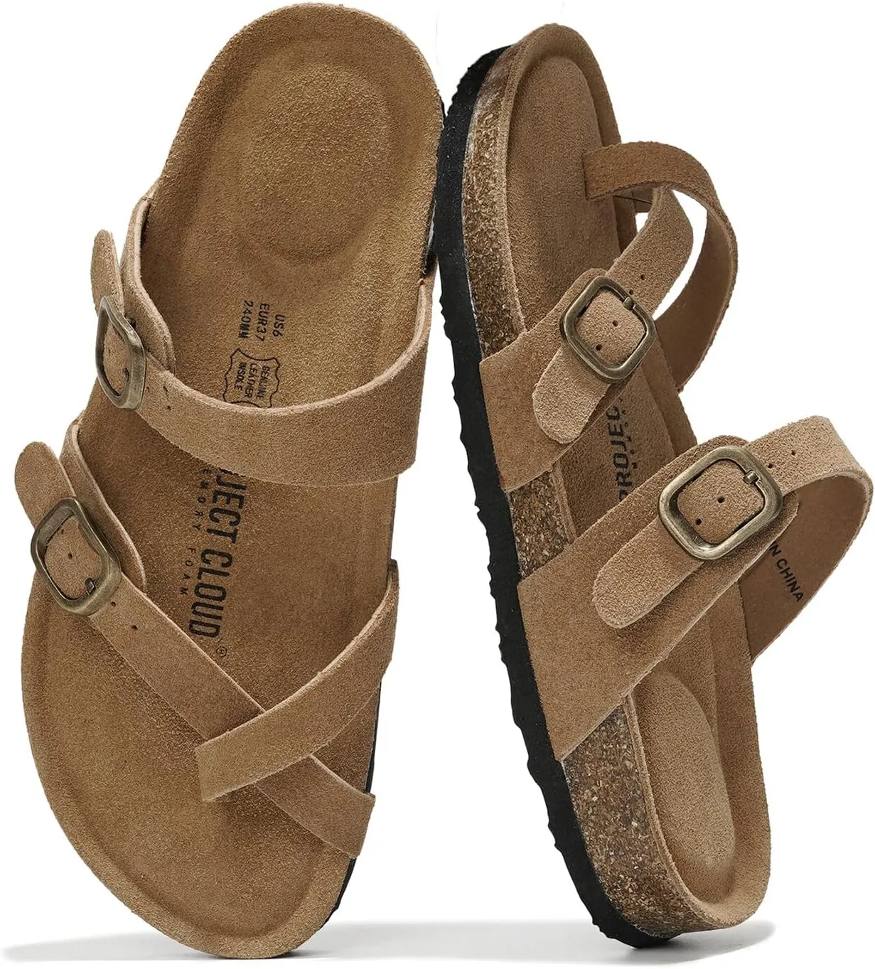 Project Cloud Genuine Leather Womens Sandals - Comfortable Cork Footbed Slides with Memory Foam Beach Essential Summer Sandals For Women 2025 (Lian)