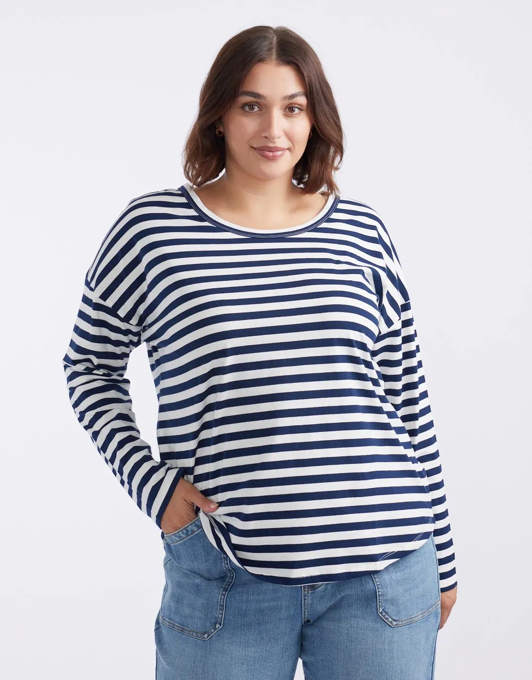 Relaxed Long Sleeve T-Shirt - French Navy/White