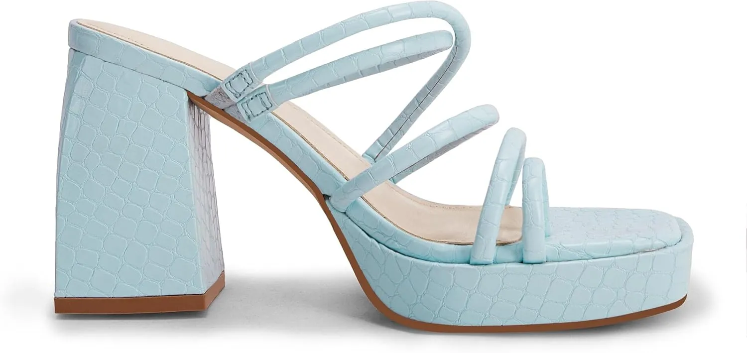 Rilista Women's Chunky Heels Strappy Platform Square Toe Block Heeled Sandals Slip On Mules