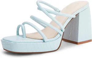 Rilista Women's Chunky Heels Strappy Platform Square Toe Block Heeled Sandals Slip On Mules