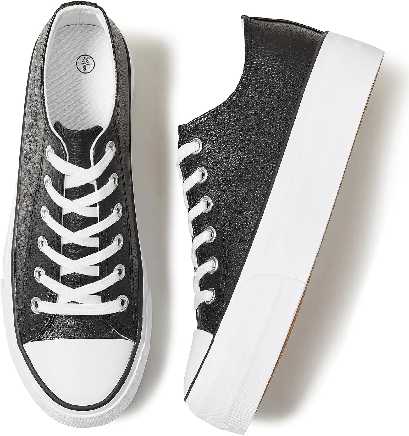 Rominz Women's White Platform Sneakers PU Leather Platform Shoes Classic Black Low Top Sneakers Casual Walking Shoes for Women