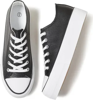 Rominz Women's White Platform Sneakers PU Leather Platform Shoes Classic Black Low Top Sneakers Casual Walking Shoes for Women