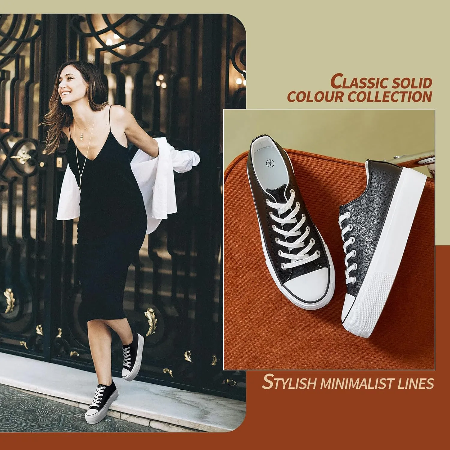 Rominz Women's White Platform Sneakers PU Leather Platform Shoes Classic Black Low Top Sneakers Casual Walking Shoes for Women