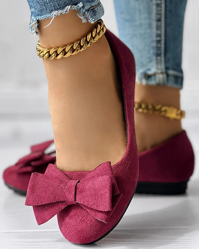 Round Toe Bowknot Decor Slip On Loafers
