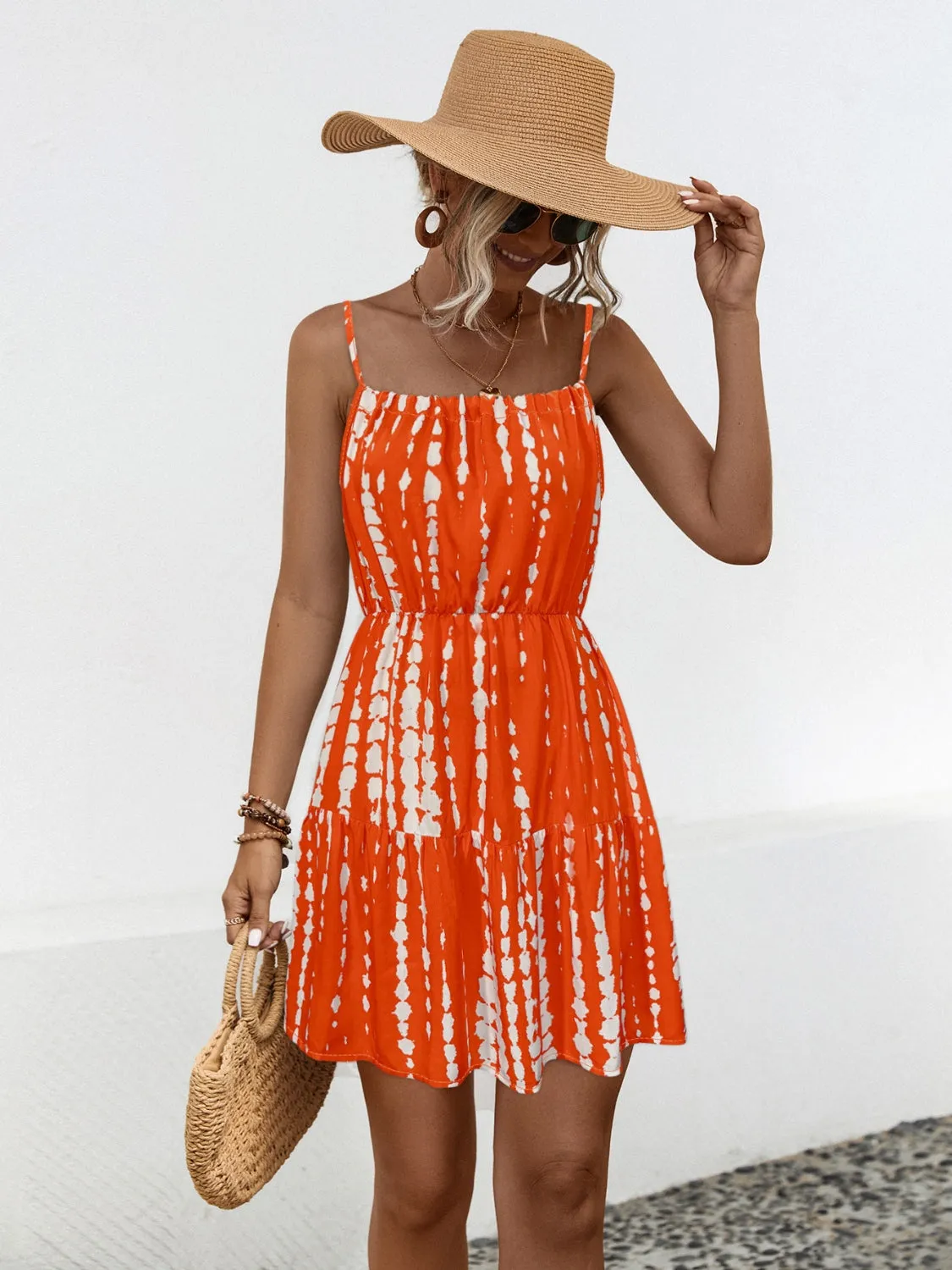 Ruffle Hem Printed Mini Dress Cobalt Blue And Red Orange