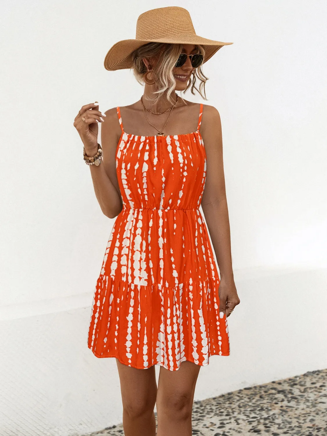 Ruffle Hem Printed Mini Dress Cobalt Blue And Red Orange