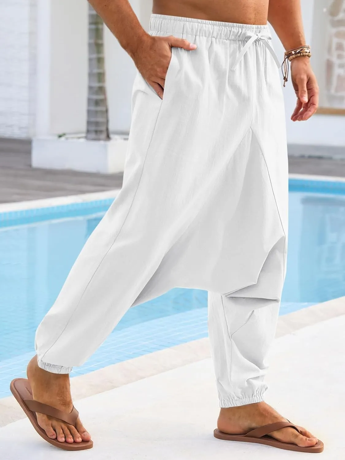 Runcati Mens Casual Harem Pants Baggy Hippie Yoga Cotton Linen Pants Drop Crotch Drawstring Beach Summer Trousers