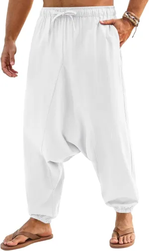 Runcati Mens Casual Harem Pants Baggy Hippie Yoga Cotton Linen Pants Drop Crotch Drawstring Beach Summer Trousers
