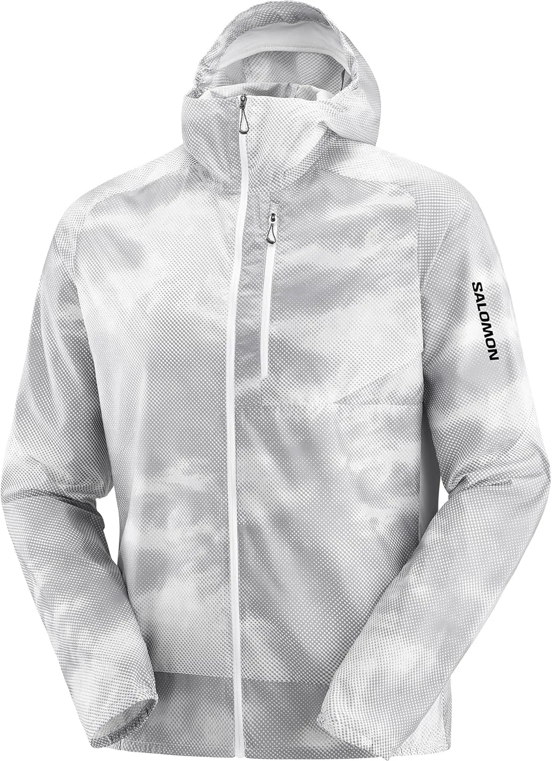 Salomon Men's BONATTI CROSS WIND AOP Running Wind Jacket Hoodie, WHITE/Gray Violet/Frost Gray, XL