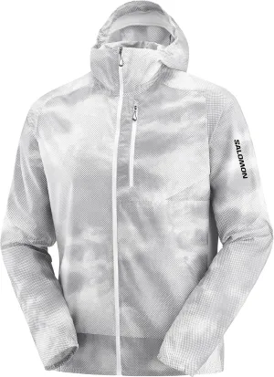 Salomon Men's BONATTI CROSS WIND AOP Running Wind Jacket Hoodie, WHITE/Gray Violet/Frost Gray, XL